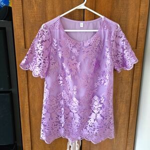 ROTITA Embroidered Lace Light Purple 3/4 Sleeve T-shirt